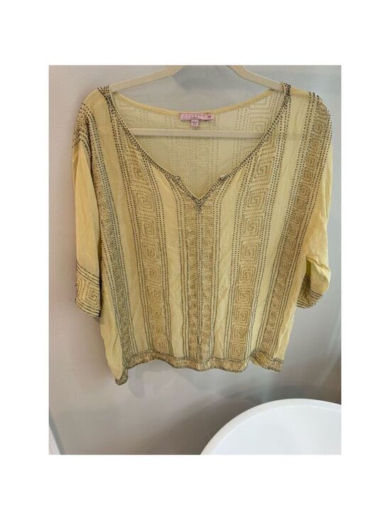 Calypso St. Barth Tops - Calypso St. Barth Women's Beaded V-Neck Blouse Pale Yellow Size M 3/4 Sleeve